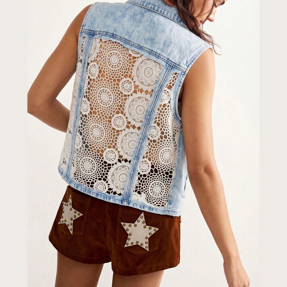 Blue Acid Wash Denim Vest with Crochet Lace Panelings